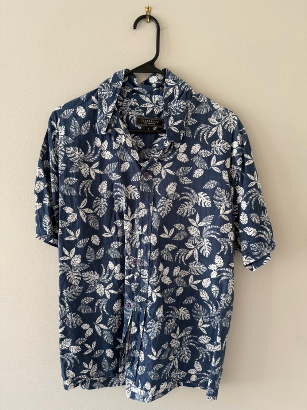 Liverpool Navy and White Leaf Print Short Sleeve Button-Up Shirt